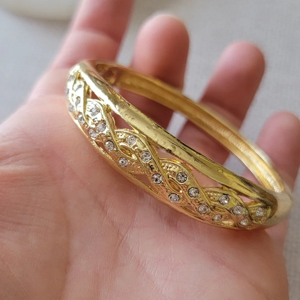 Gold Rhinestone Twisted Hinged Bracelet